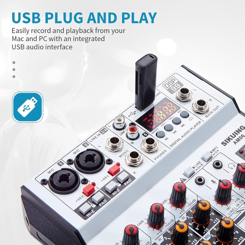 SIKUING 6 Channel Audio Mixer Professional Sound Board Console w/99 DSP Effects 48V Phantom Power Bluetooth USB Interface Stereo DJ Mixer Board for Karaoke Live Performance DJ Stage - Image 4